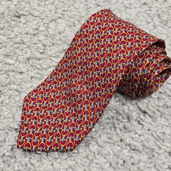 Brooks Brothers Mens Silk Bit Print Tie Red Yellow Preppy Classic Equestrian - Picture 2 of 8